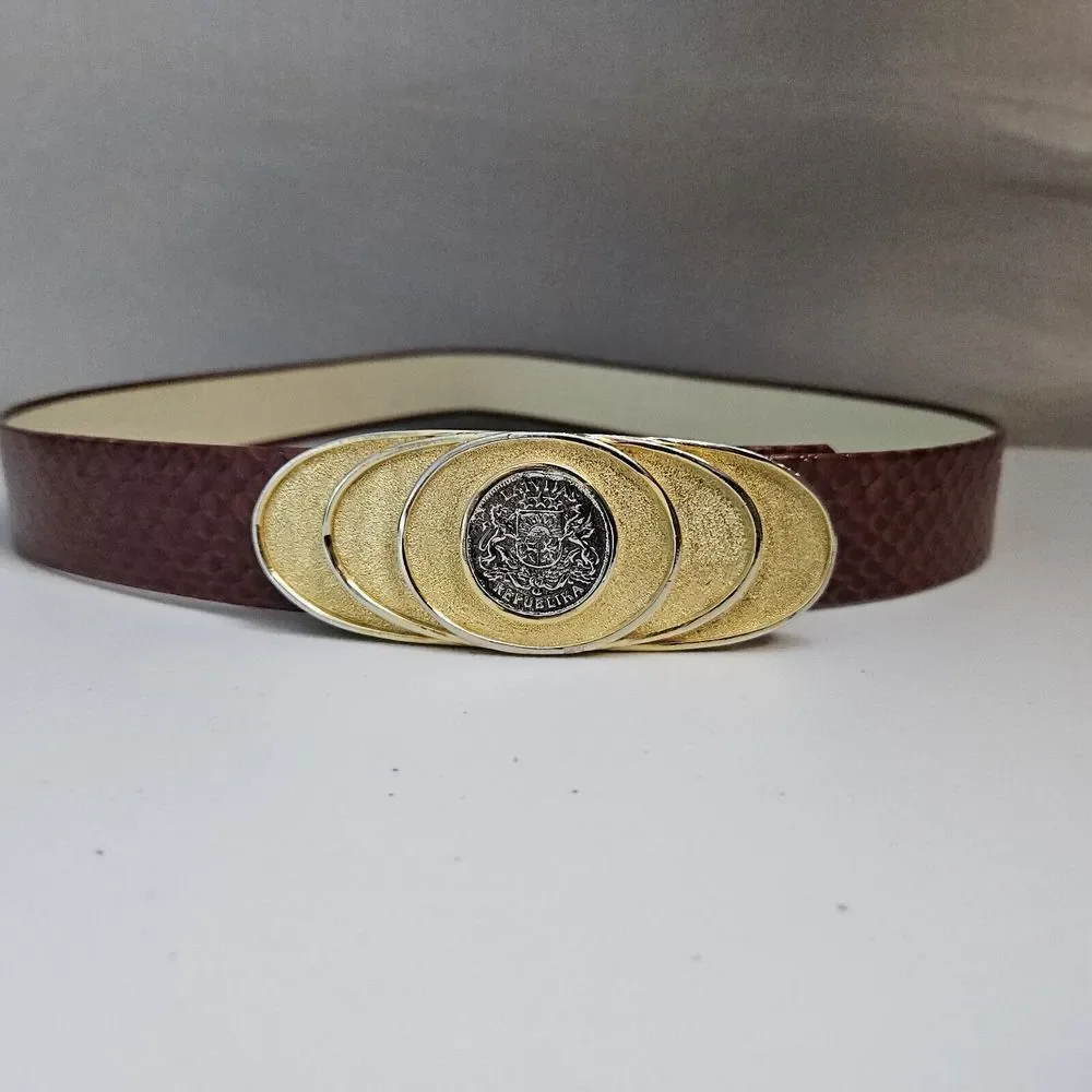 Latvijas‎ Republika 2 Lati 1925 Coin In Gold Tone Medallion Buckle & Brown Belt
